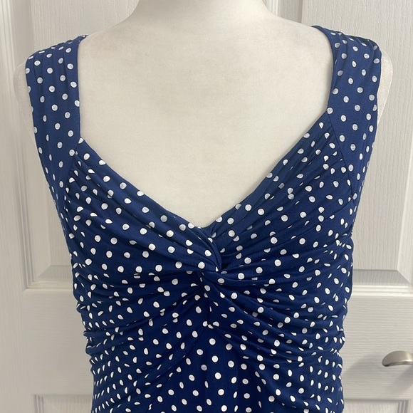 Papillon Sundress Navy White Polka Dot Sleeveless Ruched Stretch V Neck Sz L - Picture 2 of 8